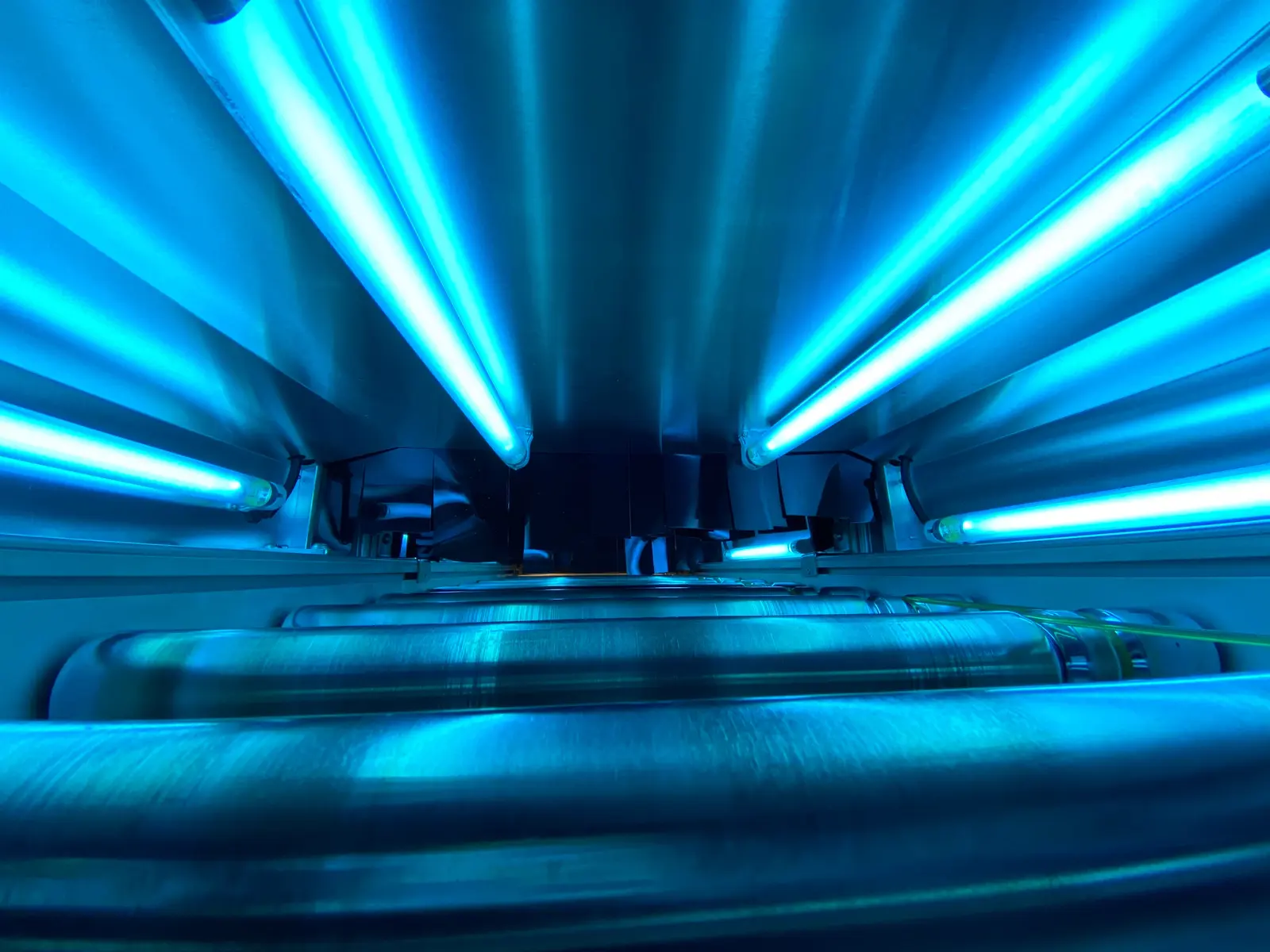Germicidal UVC lamps inside the RedteQ tray disinfection portal built for Eurostar