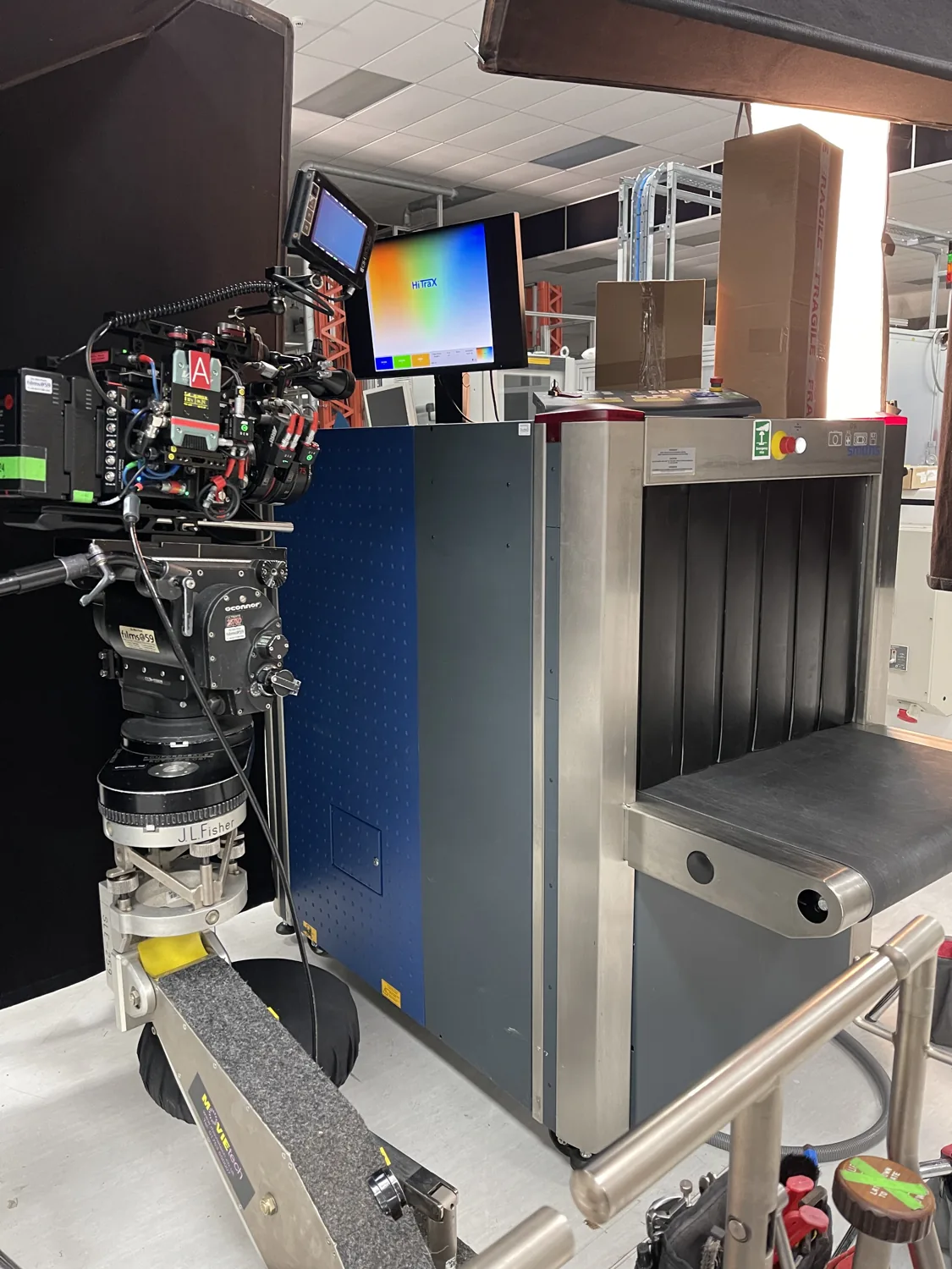 Film camera rigged in front of a real X-ray screening machine supplied by RedteQ on a television production set