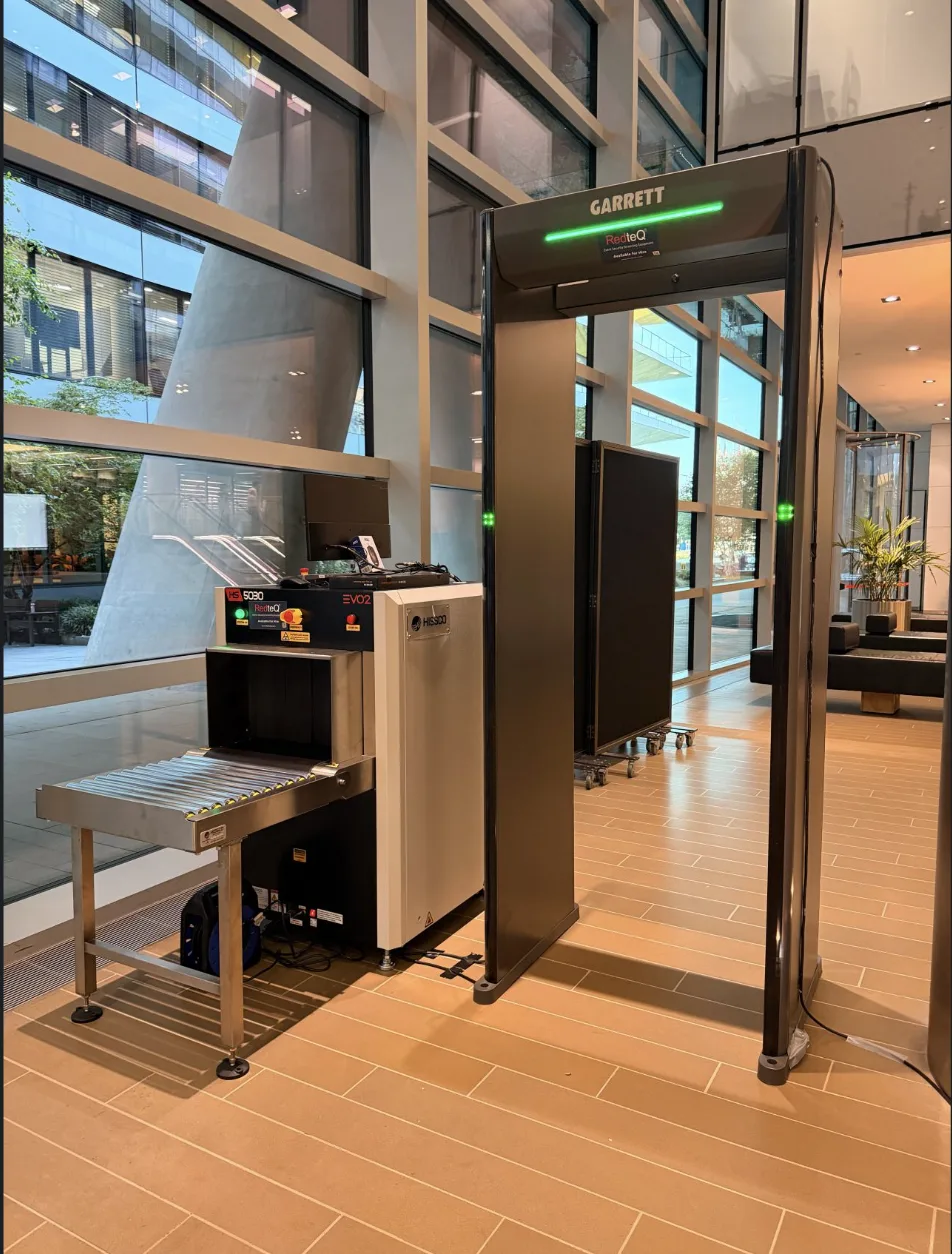 Security screening checkpoint installed in a central London corporate lobby