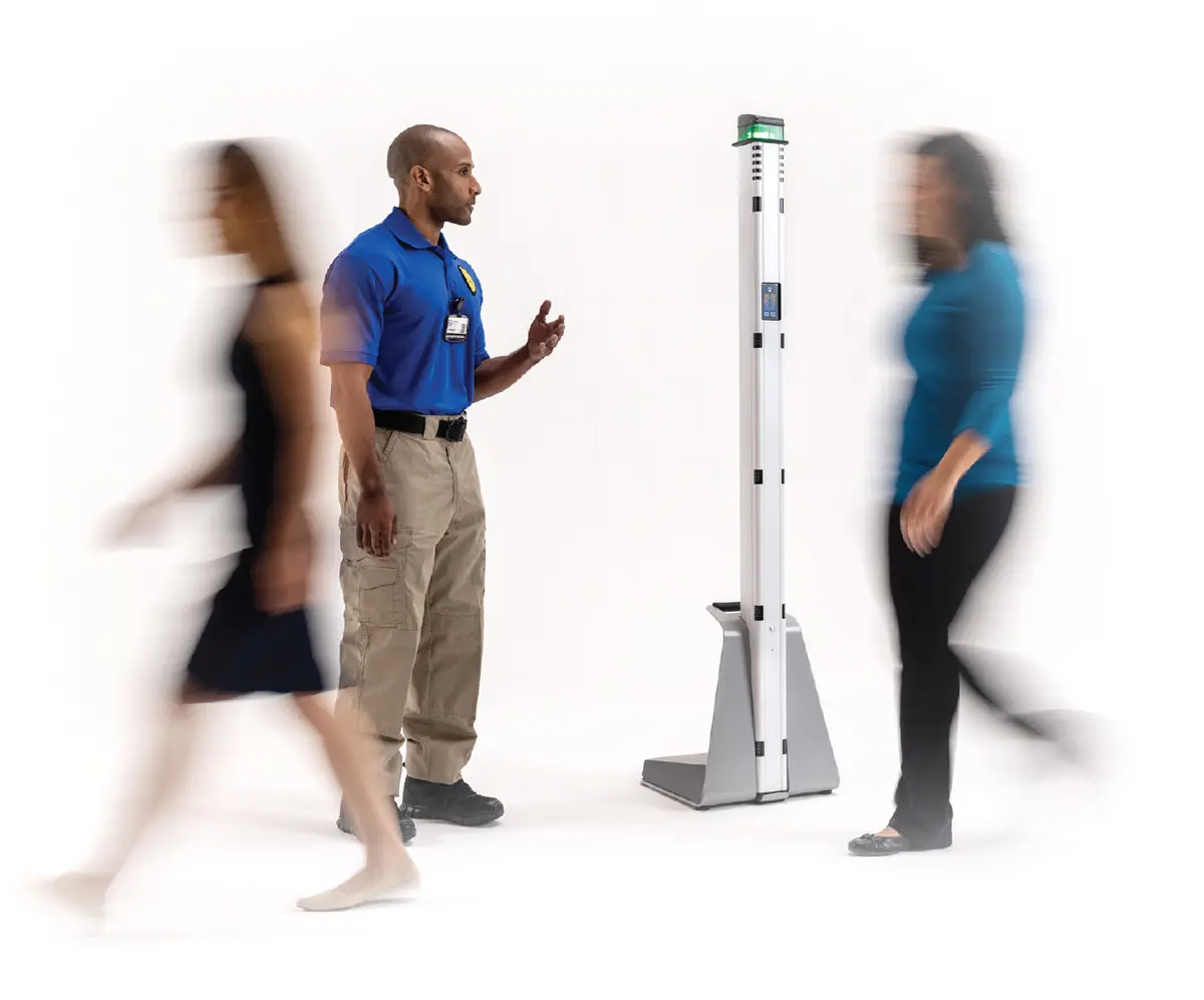 Metrasens Ultra ferromagnetic detection system positioned to screen people entering a room