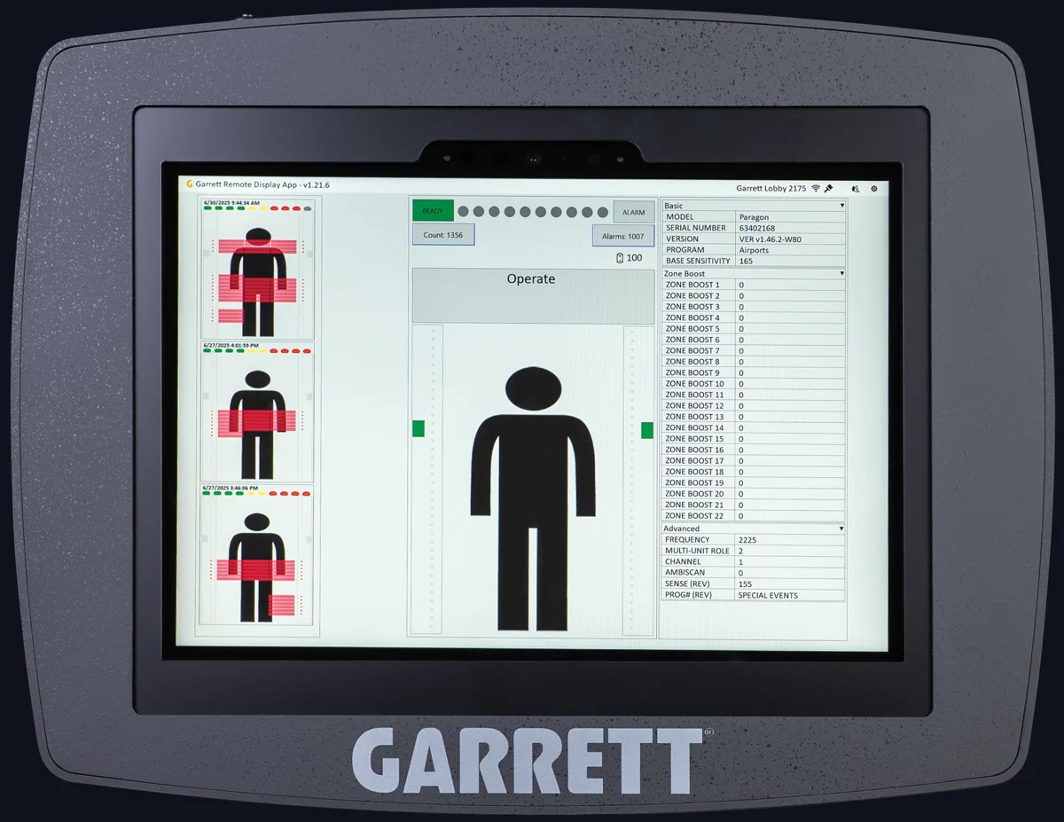 Garrett remote display app on a tablet showing live Paragon walk-through metal detector zone alarms, pass counts and settings