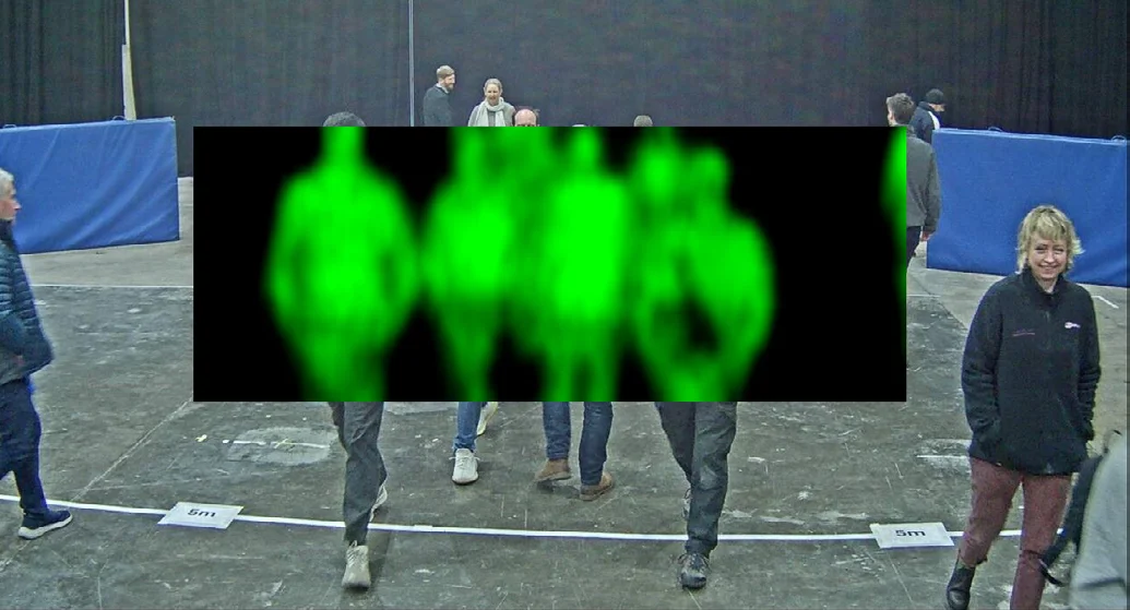 Thruvision terahertz imagery overlaid on video of a group of people walking freely through a screening zone
