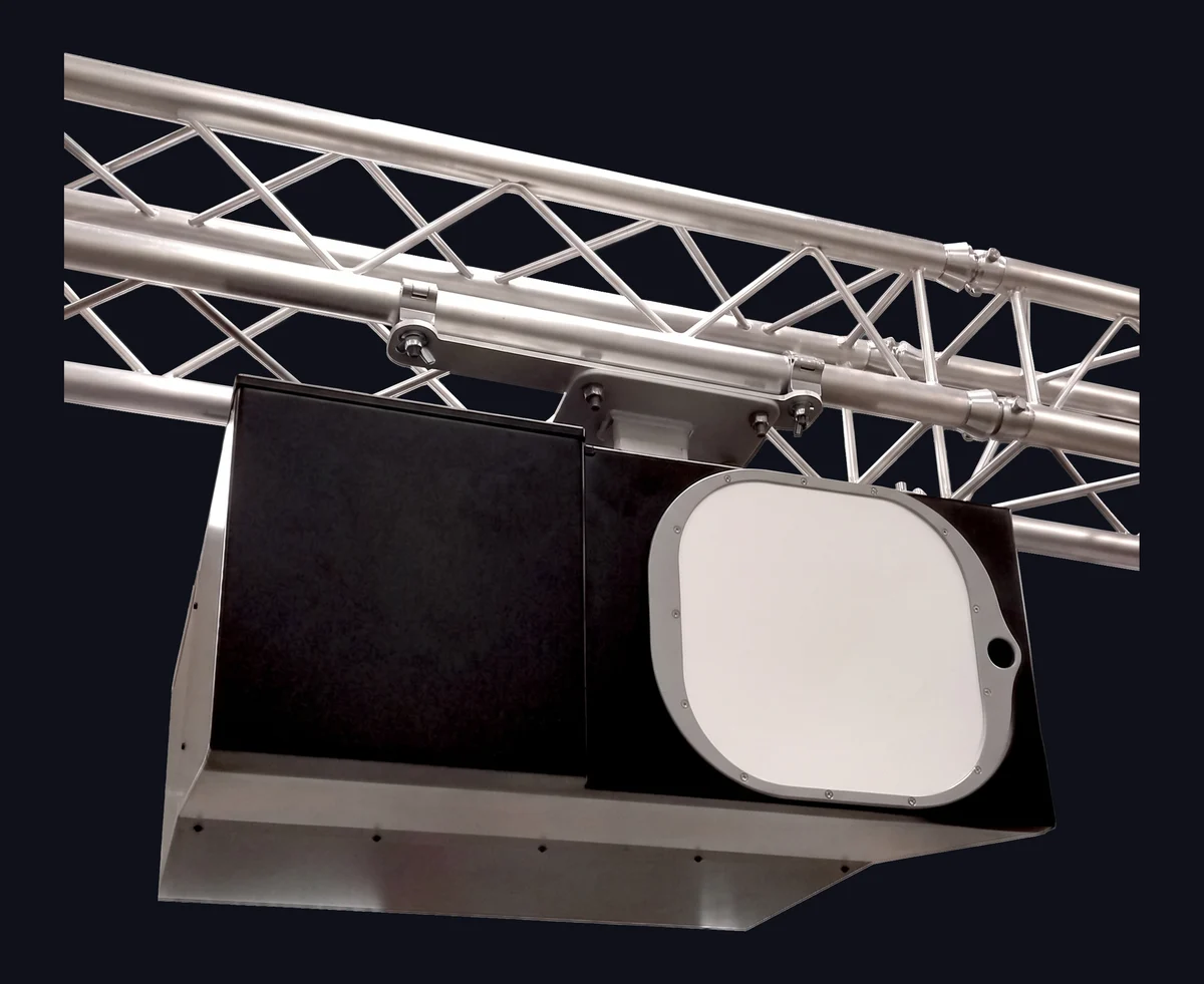 Thruvision HTC high-throughput passive people-screening camera mounted on an overhead gantry