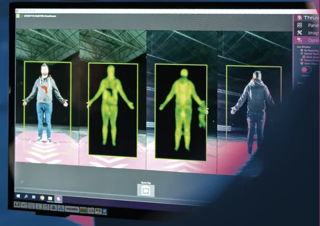 Thruvision terahertz body scanner operator screen showing concealed items on walking people