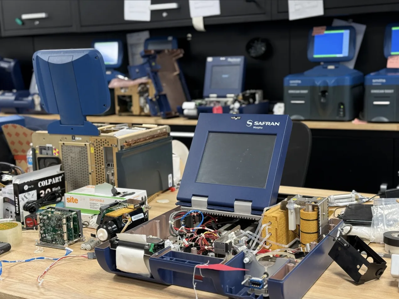 Explosives and narcotics trace detectors under refurbishment in the RedteQ trace detection workshop